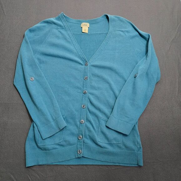 L.L. Bean Women M Reg Blue Button Up Linen Blend Roll Tab Sleeves Cardigan - Picture 1 of 10